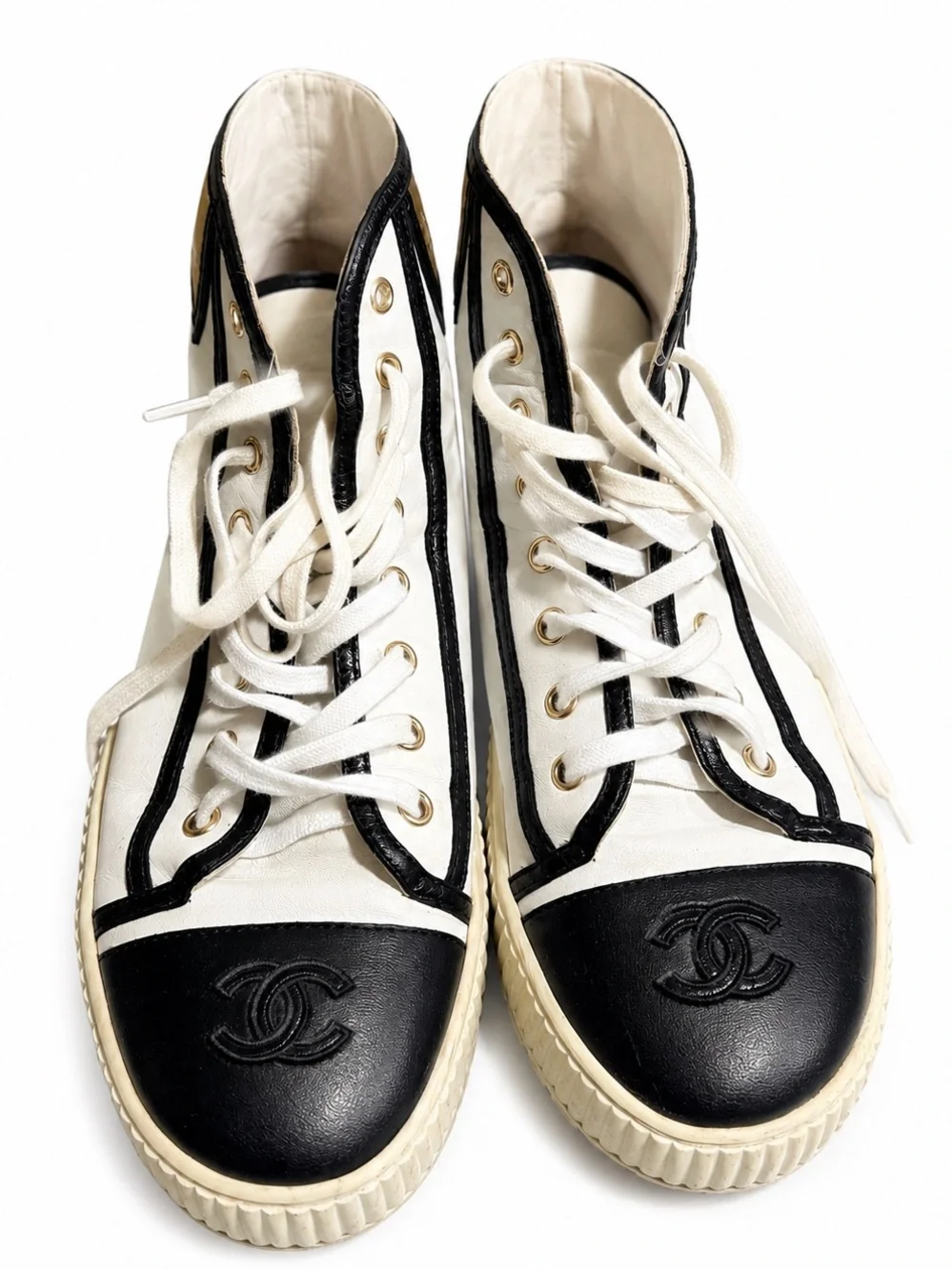 CHANEL White Black Gold High-Top Sneakers with Embossed Toe